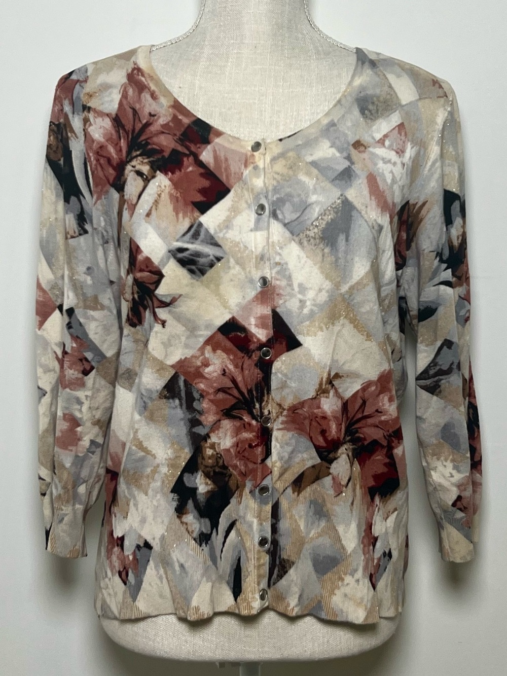 White House Black Market Abstract Floral Button-Front Cardigan